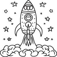 Space rocket in the sky with stars and clouds illustration. Rocket coloring pages. vector