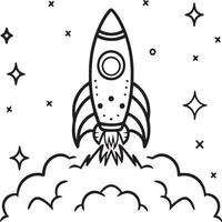 Space rocket in the sky with stars and clouds illustration. Rocket coloring pages. vector