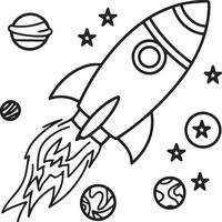 Space rocket in the sky with stars and clouds illustration. Rocket coloring pages. vector