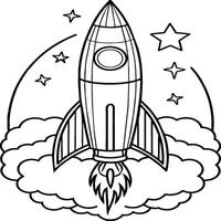 Space rocket in the sky with stars and clouds illustration. Rocket coloring pages. vector