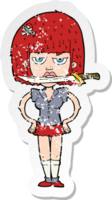 retro bedrövad klistermärke av en tecknad serie kvinna med kniv i tänder png