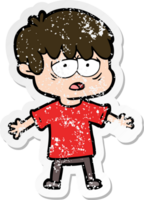 distressed sticker of a cartoon exhausted boy png