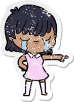 distressed sticker of a cartoon woman crying png