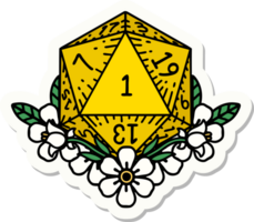 sticker of a natural one dice roll with floral elements png