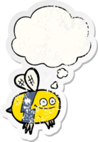 cartoon bee with thought bubble as a distressed worn sticker png