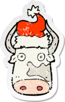 retro distressed sticker of a cartoon cow wearing christmas hat png