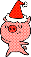 happy hand drawn comic book style illustration of a pig wearing santa hat png