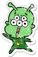 distressed sticker of a happy cartoon alien png