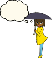 Cartoon-Frau mit Regenschirm mit Gedankenblase png