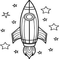 Space rocket in the sky with stars and clouds illustration. Rocket coloring pages. vector