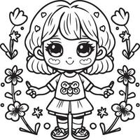 Kawaii girl cartoon coloring pages illustration vector