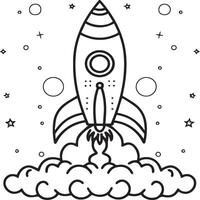 Space rocket in the sky with stars and clouds illustration. Rocket coloring pages. vector