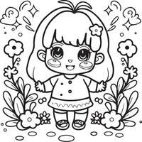 Kawaii girl cartoon coloring pages illustration vector