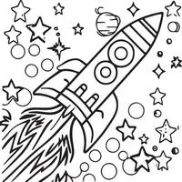 Space rocket in the sky with stars and clouds illustration. Rocket coloring pages. vector