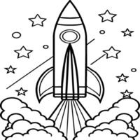 Space rocket in the sky with stars and clouds illustration. Rocket coloring pages. vector