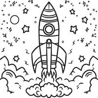 Space rocket in the sky with stars and clouds illustration. Rocket coloring pages. vector