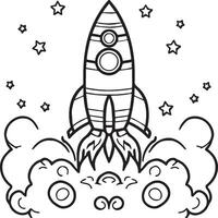 espacio cohete en el cielo con estrellas y nubes ilustración. cohete colorante paginas vector