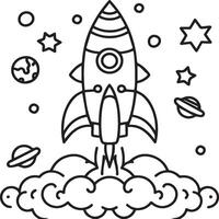 Space rocket in the sky with stars and clouds illustration. Rocket coloring pages. vector