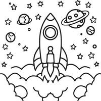 Space rocket in the sky with stars and clouds illustration. Rocket coloring pages. vector