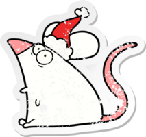 hand drawn distressed sticker cartoon of a frightened mouse wearing santa hat png