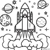 Space rocket in the sky with stars and clouds illustration. Rocket coloring pages. vector