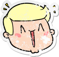 distressed sticker of a happy cartoon male face png