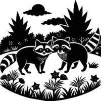 Raccoons silhouette black white illustration vector