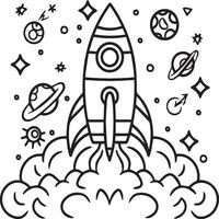 Space rocket in the sky with stars and clouds illustration. Rocket coloring pages. vector