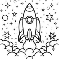 Space rocket in the sky with stars and clouds illustration. Rocket coloring pages. vector
