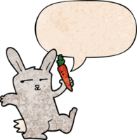 cartoon rabbit with carrot with speech bubble in retro texture style png