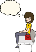 cartoon woman sitting on bench with thought bubble png