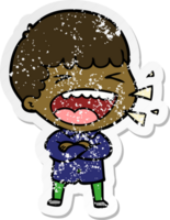 distressed sticker of a cartoon laughing man png