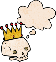 cartoon skull with crown with thought bubble in grunge texture style png