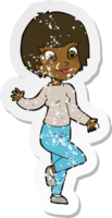 retro distressed sticker of a cartoon woman waving png