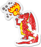 retro distressed sticker of a cartoon happy dragon breathing fire png