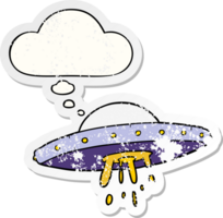 cartoon flying UFO with thought bubble as a distressed worn sticker png