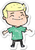 distressed sticker of a happy cartoon man with open arms png