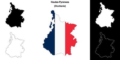 Hautes-Pyrenees department outline map set vector