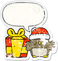 schattig Kerstmis uil met toespraak bubbel verontrust verontrust oud sticker png