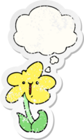 cartoon flower with thought bubble as a distressed worn sticker png