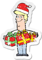 retro distressed sticker of a cartoon man with gifts png