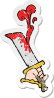 retro bedrövad klistermärke av en tecknad serie hand med blodig dolk png