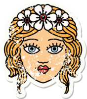 Distressed Sticker Tattoo im traditionellen Stil des weiblichen Gesichts mit Blumenkrone png