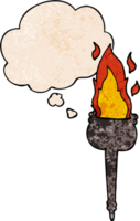 cartoon flaming chalice with thought bubble in grunge texture style png
