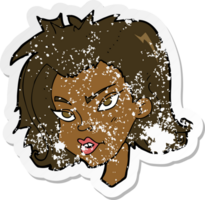 retro distressed sticker of a cartoon female face png