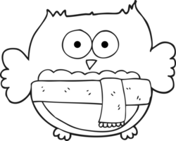 hand drawn black and white cartoon owl wearing scarf png