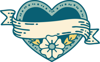 iconic tattoo style image of a heart and banner with flowers png