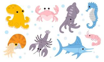 set of doodle underwater animals vector