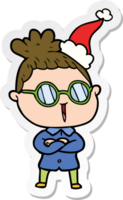 hand drawn sticker cartoon of a woman wearing spectacles wearing santa hat png