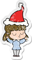 hand drawn distressed sticker cartoon of a indifferent woman wearing santa hat png